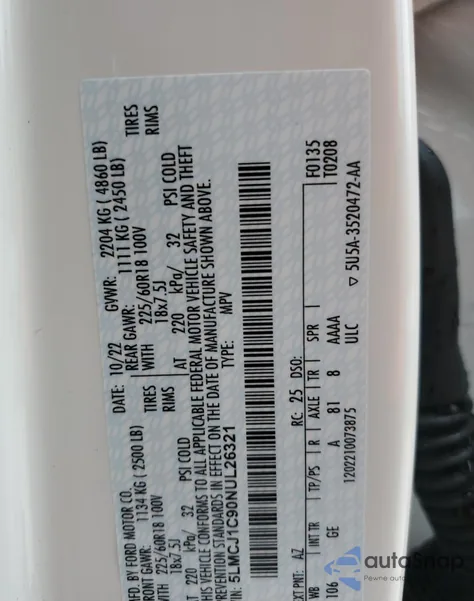 2022 Lincoln Corsair z USA, uszkodzony, nr VIN 5LMCJ1C90NUL26321